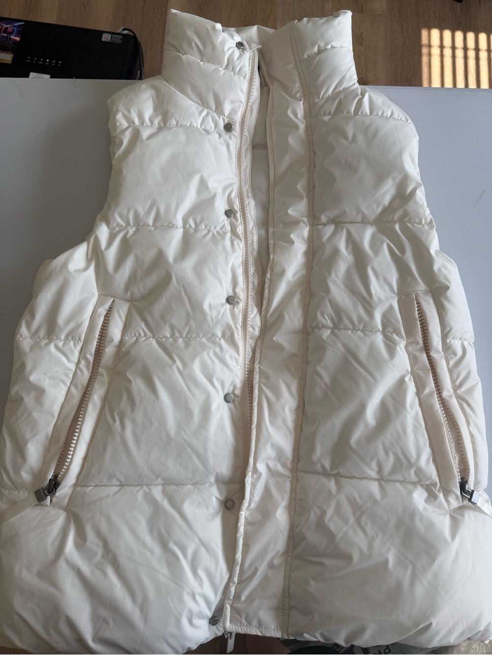 all in motion Cream Quilted Long Puffer Vest with Zipper Pockets